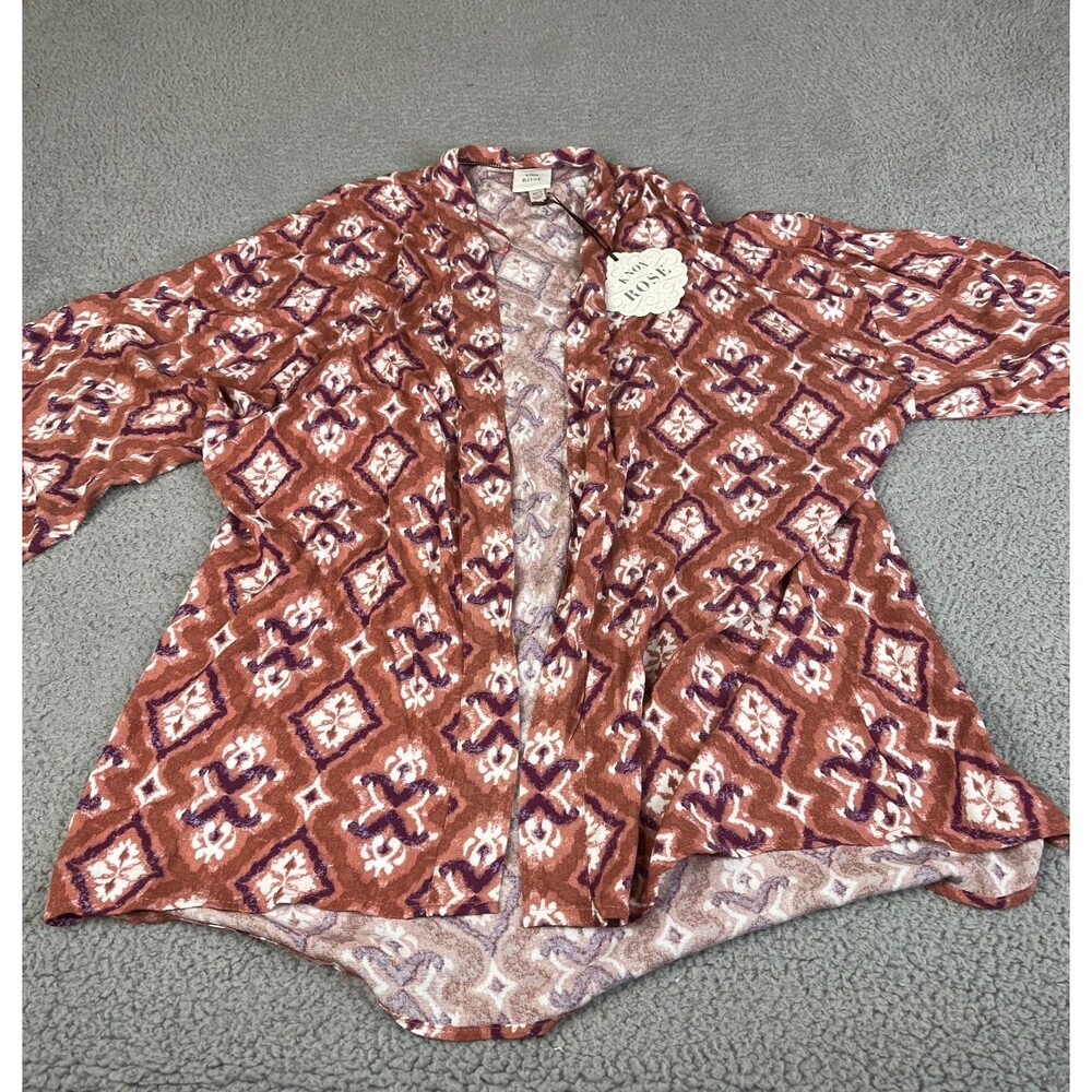 KNOX ROSE Kimono Cardigan Top Women M/L Open Front Longline Ikat Oversized Flowy